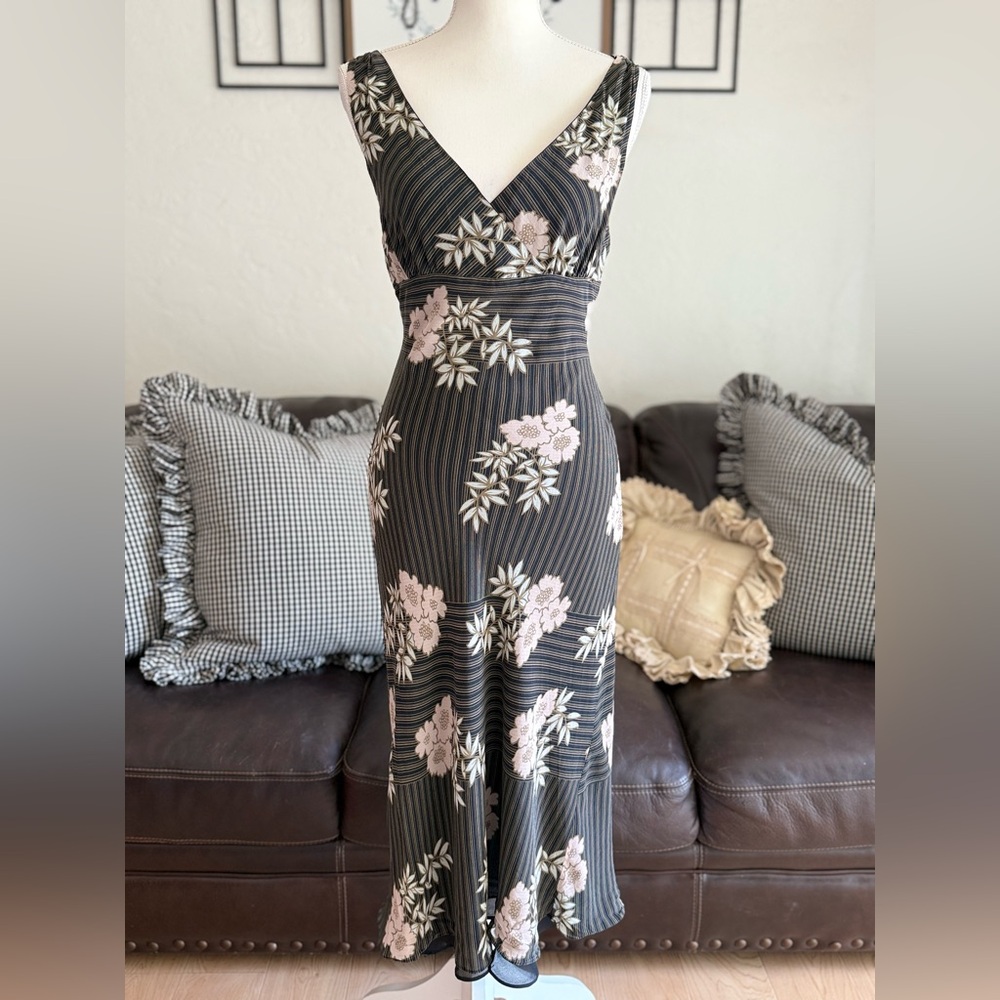 Max & Cleo Elegant 100% Silk Midi Floral Black‎ Brown & Pink Dress Size 10